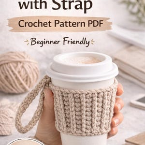 Op de afbeelding: Een beige gehaakte bekerhouder met een riem, die een witte koffiebeker met een deksel vasthoudt. De tekst "Cup Cozy with Strap" en "Crochet Pattern PDF" zijn zichtbaar. De afbeelding bevat ook de tekst "Beginner Friendly" en "Instant Download".