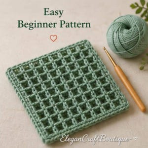 Easy beginner waffle stitch crochet dishcloth pattern shown with a crochet hook and cotton yarn on a neutral background, ideal for new crocheters learning textured stitches.