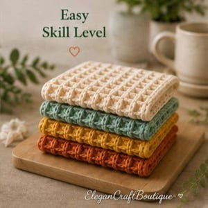 Easy waffle stitch crochet dishcloth pattern designed for beginners with simple textured stitches.