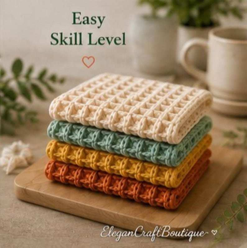 Easy waffle stitch crochet dishcloth pattern designed for beginners with simple textured stitches.