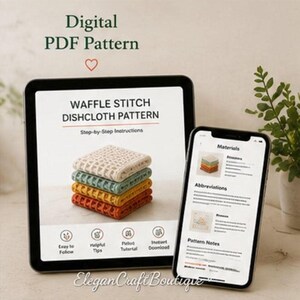 Digital waffle stitch crochet dishcloth pattern displayed on mobile and printable PDF format.