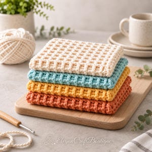 May include: A stack of four square crochet washcloths featuring a waffle stitch pattern in cream, light blue, yellow, and terracotta colors. The text "EleganCraftBoutique" is printed at the bottom of the image in a white script font.