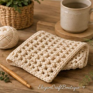 A folded cream-colored waffle stitch crochet dishcloth sits on a wooden tabletop next to a ball of yarn, a wooden crochet hook, a mug, and a small potted plant.
