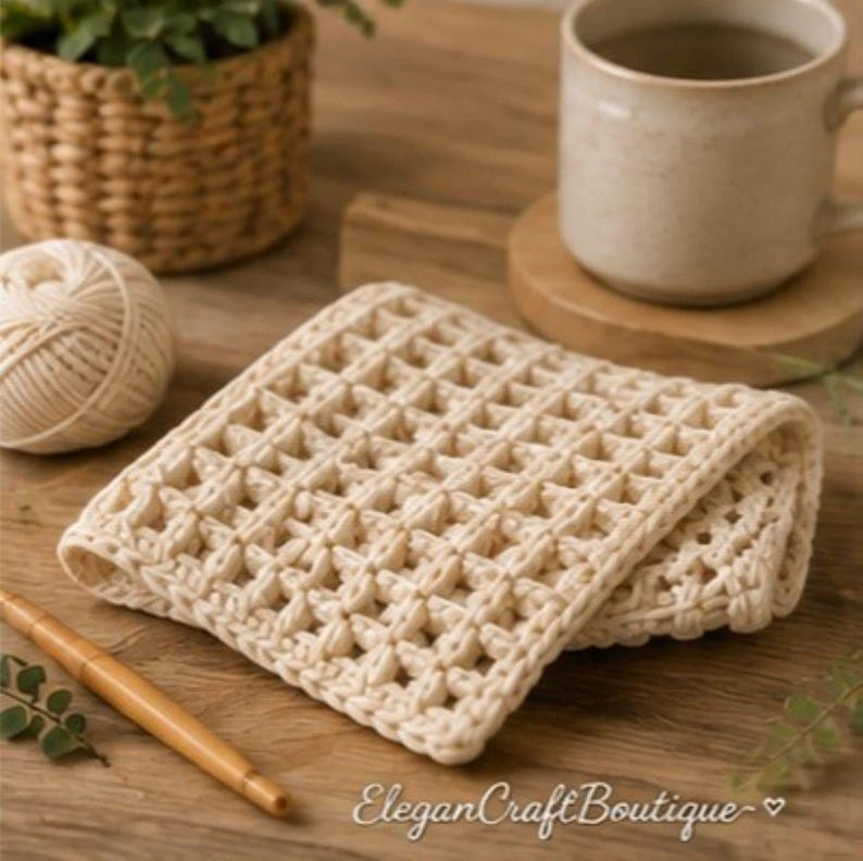 A folded cream-colored waffle stitch crochet dishcloth sits on a wooden tabletop next to a ball of yarn, a wooden crochet hook, a mug, and a small potted plant.