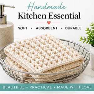 Handmade crochet dishcloth with waffle stitch texture displayed in kitchen setting, soft absorbent and durable reusable cloth, eco friendly kitchen essential pattern PDF