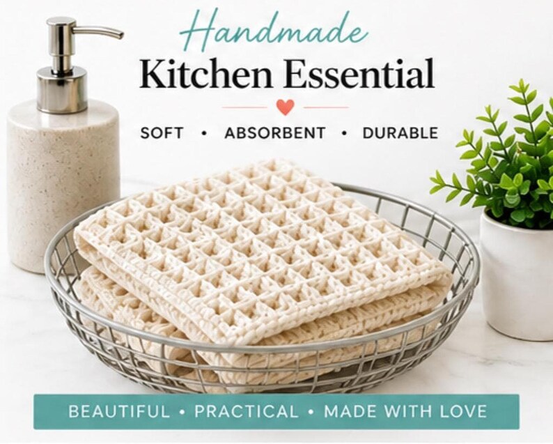 Handmade crochet dishcloth with waffle stitch texture displayed in kitchen setting, soft absorbent and durable reusable cloth, eco friendly kitchen essential pattern PDF