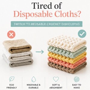 Promotional graphic comparing disposable cloths with a stack of reusable multi-colored waffle stitch crochet dishcloths, highlighting features like eco-friendly and washable.