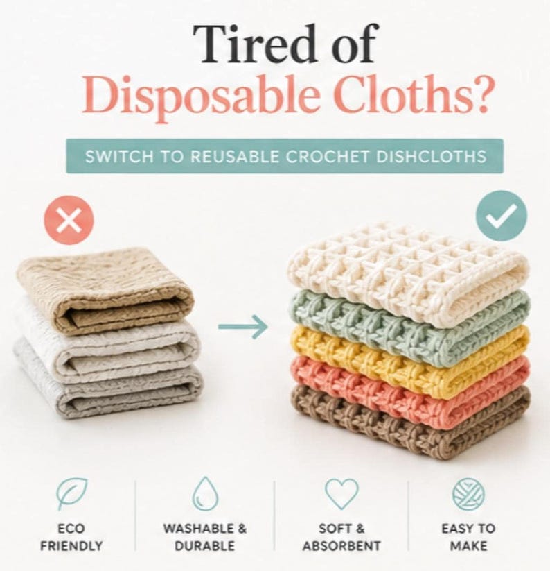 Promotional graphic comparing disposable cloths with a stack of reusable multi-colored waffle stitch crochet dishcloths, highlighting features like eco-friendly and washable.