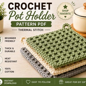 Crochet Pot Holder Pattern, Thermal Stitch, Beginner Friendly, Heat Resistant (PDF Download)