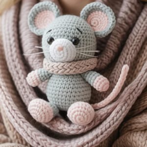 Könnte beinhalten: Handgefertigte Häkelmaus in Grau- und Rosatönen. Die Maus hat große Ohren, eine rosa Nase und einen passenden Schal. Das Spielzeug ist weich und kuschelig, perfekt für ein Kinderzimmer oder als Dekorationsartikel.