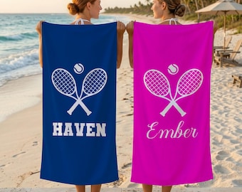Toalla de playa personalizada para tenis, toalla de playa infantil con nombre personalizado, toalla de playa para vacaciones de verano, toalla de baño, toalla para fiestas en la piscina, regalo para equipos de tenis