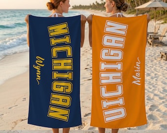 Personalized State Beach Towel,Custom College Beach Towel,Varsity Style Pool Towel,Name Swim Towel,Summer Vacation Gift,Pool Party Towel