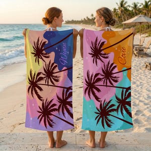 Toalla de playa con palmeras personalizada, toalla de piscina con nombre personalizado, toalla de colores, toalla de piscina para niños, imprescindible para las vacaciones, regalo de despedida de soltera y cumpleaños.