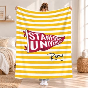 Personalized College Flag Striped Blanket, Custom University Pennant Name Throw, Soft Fleece Blanket, College Acceptance & Graduation Gift