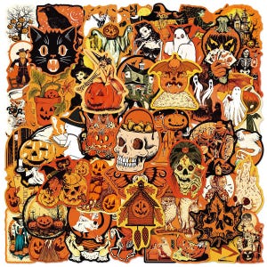 May include: A collection of assorted Halloween-themed stickers featuring illustrations of black cats, jack-o'-lanterns, skulls, ghosts, witches, skeletons, haunted houses, owls, and various autumn motifs in a vibrant orange, black, and white color palette.