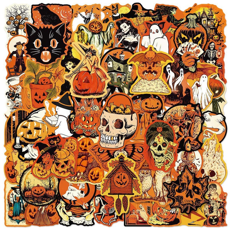 May include: A collection of assorted Halloween-themed stickers featuring illustrations of black cats, jack-o'-lanterns, skulls, ghosts, witches, skeletons, haunted houses, owls, and various autumn motifs in a vibrant orange, black, and white color palette.