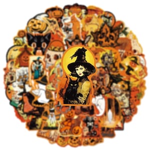 May include: A collection of assorted Halloween-themed stickers featuring orange and black designs. The central sticker depicts a person wearing a pointed witch hat and holding a black cat against a yellow moon background, surrounded by pumpkins and skulls.