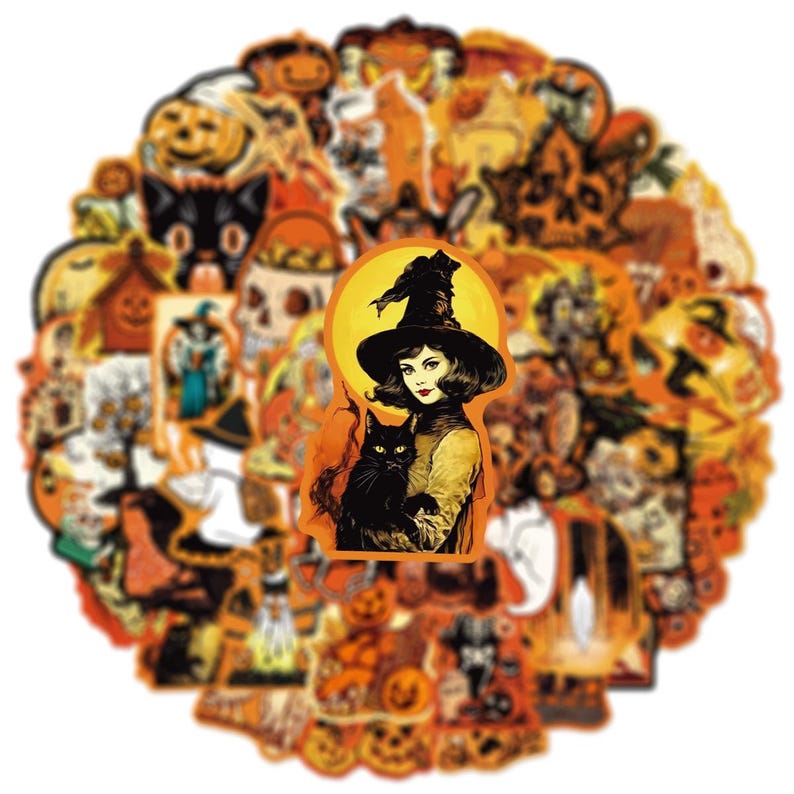 May include: A collection of assorted Halloween-themed stickers featuring orange and black designs. The central sticker depicts a person wearing a pointed witch hat and holding a black cat against a yellow moon background, surrounded by pumpkins and skulls.