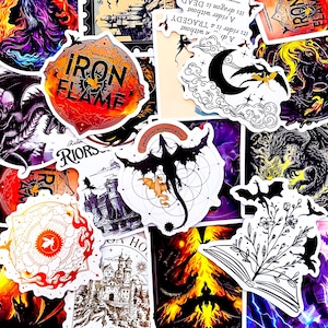 May include: A collection of fantasy-themed stickers featuring dragons, castles, and celestial elements. The stickers showcase a variety of designs, including dragons, moons, and stylized text. The color palette includes black, red, orange, and purple.