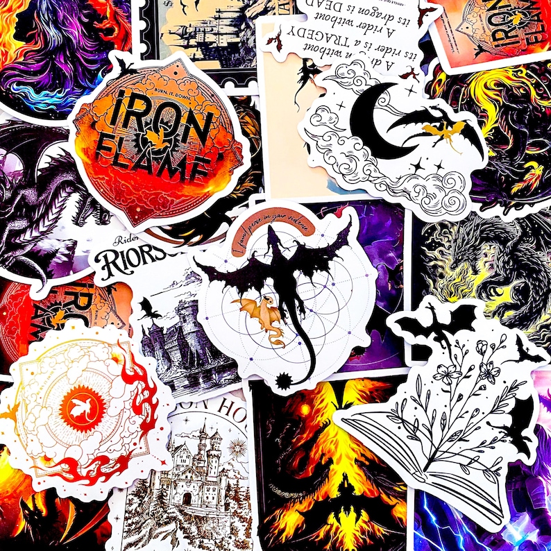 May include: A collection of fantasy-themed stickers featuring dragons, castles, and celestial elements. The stickers showcase a variety of designs, including dragons, moons, and stylized text. The color palette includes black, red, orange, and purple.