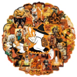 May include: A collection of circular Halloween-themed stickers featuring a central white ghost wearing a black witch hat and a brown backpack while reading a book. The surrounding stickers display orange and black illustrations of pumpkins, cats, and skulls.