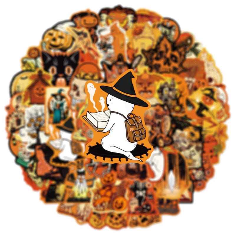 May include: A collection of circular Halloween-themed stickers featuring a central white ghost wearing a black witch hat and a brown backpack while reading a book. The surrounding stickers display orange and black illustrations of pumpkins, cats, and skulls.