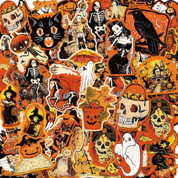 50PCS Vintage Halloween Sticker Pack, Retro Stickers, Spooky Stickers, Gothic Stickers, Creepy Stickers for Luggage, Bottles, Notebooks