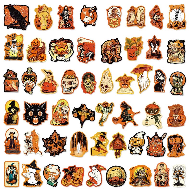 May include: A collection of assorted Halloween-themed stickers featuring orange and black illustrations of pumpkins, skeletons, ghosts, witches, black cats, haunted houses, skulls, scarecrows, and various spooky motifs in a variety of shapes.