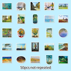 May include: A collection of 50 stickers featuring various Impressionist paintings. The stickers showcase landscapes, still lifes, and portraits, with a variety of shapes and sizes. The text "50pcs not repeated" is at the bottom.