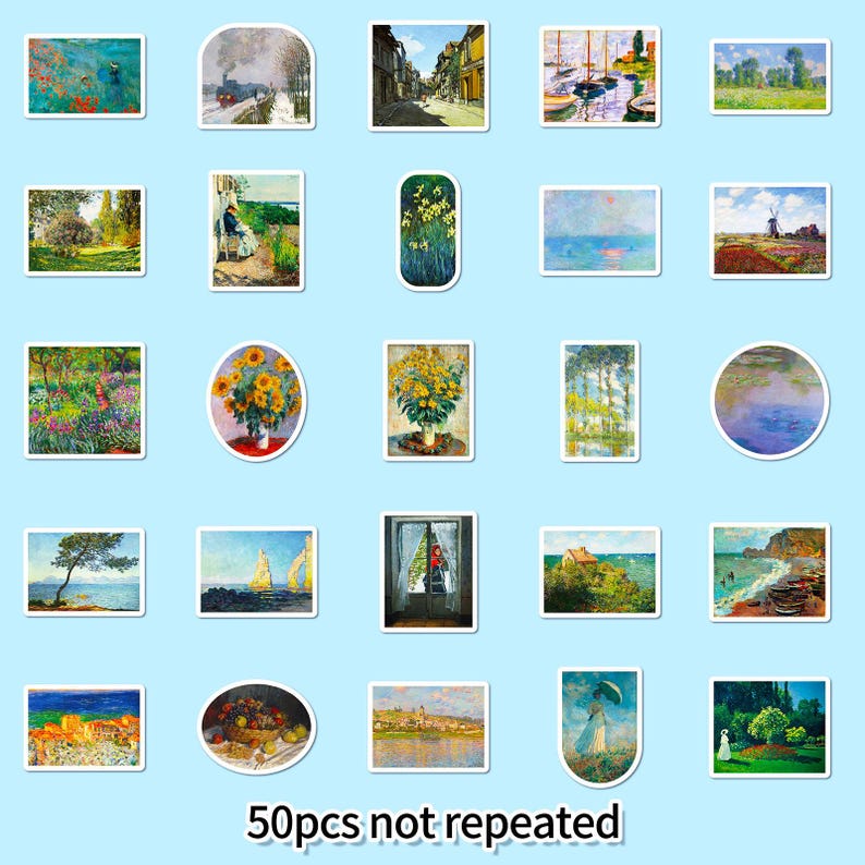 May include: A collection of 50 stickers featuring various Impressionist paintings. The stickers showcase landscapes, still lifes, and portraits, with a variety of shapes and sizes. The text "50pcs not repeated" is at the bottom.