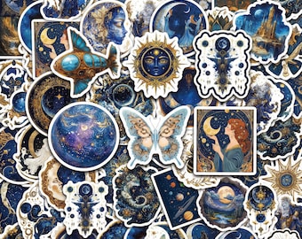 50PCS Fantasy Sticker Pack, Moon Stickers, Planet Stickers, Mandala Stickers, Wizards Stickers for Journal, Skateboard, Tablet