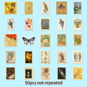 May include: A selection of 25 vintage-style stickers on a light blue backdrop. The stickers showcase diverse illustrations, such as a bee, an owl, a butterfly, and a frog. The text "50pcs not repeated" is at the bottom.
