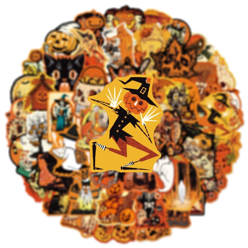 May include: A collection of circular Halloween-themed stickers featuring orange and black illustrations of pumpkins, skulls, black cats, ghosts, and witches. A central sticker depicts a pumpkin-headed figure wearing a hat in a dynamic pose.