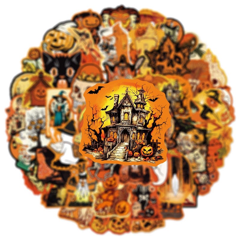 May include: A collection of assorted Halloween-themed stickers featuring various designs including jack-o'-lanterns, a black cat, ghosts, and a central sticker depicting a detailed haunted house with bats against an orange and yellow background.