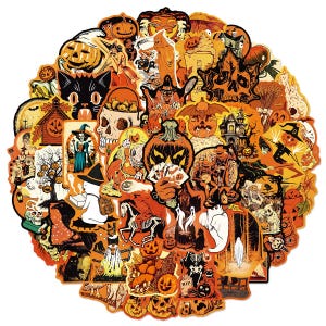 May include: A large circular collection of Halloween-themed stickers featuring orange, black, and white illustrations. Designs include jack-o'-lanterns, skulls, ghosts, black cats, witches, haunted houses, skeletons, and a hand holding cards with the text PSYCHO.