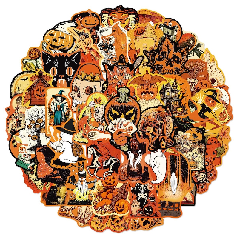 May include: A large circular collection of Halloween-themed stickers featuring orange, black, and white illustrations. Designs include jack-o'-lanterns, skulls, ghosts, black cats, witches, haunted houses, skeletons, and a hand holding cards with the text PSYCHO.