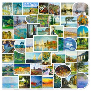 May include: A collection of colorful, die-cut stickers featuring various Impressionist paintings. The stickers showcase landscapes, seascapes, and still life scenes, with a focus on vibrant colors and brushstrokes. The stickers are in various shapes.