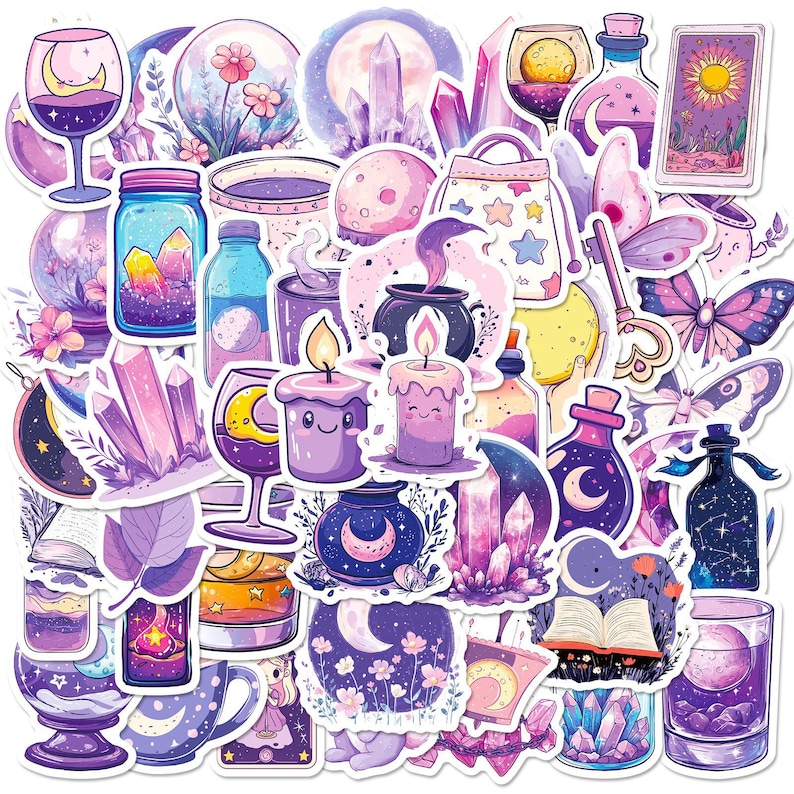K&ouml;nnte beinhalten: Eine Sammlung von Aufklebern mit einem mystischen Thema. Die Aufkleber zeigen Kristalle, Kerzen, Zaubertr&auml;nke, Tarotkarten und Himmelsmotive in Lila, Rosa und Blau. Die Designs haben einen niedlichen, cartoonartigen Stil.