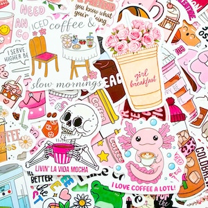 May include: A selection of vibrant stickers featuring coffee and breakfast motifs. Designs include a coffee cup with roses, a skeleton with a coffee cup, and an axolotl with a coffee cup. Text includes "girl breakfast" and "LIVIN' LA VIDA MOCHA."