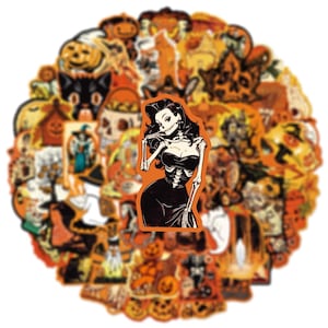 May include: A collection of circular Halloween-themed stickers featuring orange and black illustrations of pumpkins, skulls, ghosts, black cats, and witches. A central sticker depicts a skeleton figure with long dark hair wearing a black dress.