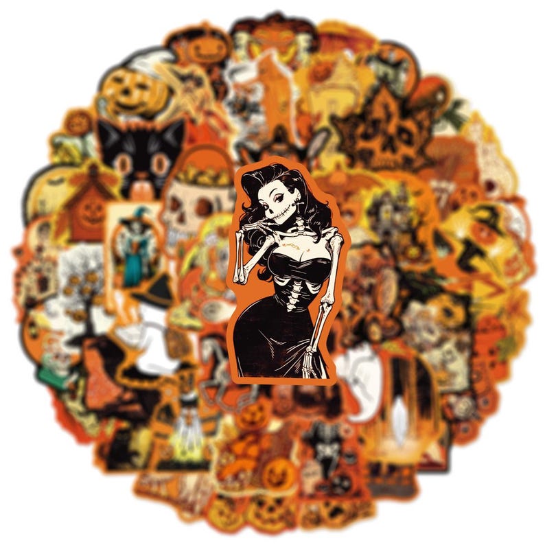 May include: A collection of circular Halloween-themed stickers featuring orange and black illustrations of pumpkins, skulls, ghosts, black cats, and witches. A central sticker depicts a skeleton figure with long dark hair wearing a black dress.