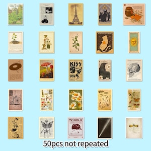 May include: A selection of 25 vintage-style stickers with diverse designs. The stickers depict images of the Eiffel Tower, cats, mushrooms, a record, a skeleton, and text that reads "KISS" and "TV GIRL". The stickers are arranged on a light blue background.