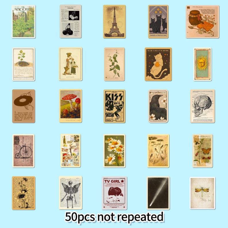 May include: A selection of 25 vintage-style stickers with diverse designs. The stickers depict images of the Eiffel Tower, cats, mushrooms, a record, a skeleton, and text that reads "KISS" and "TV GIRL". The stickers are arranged on a light blue background.