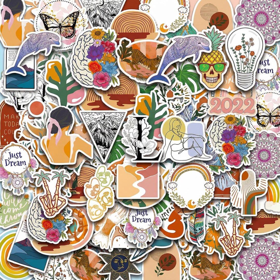 50PCS Boho Aesthetic Sticker Pack, Vintage Bohemian Stickers, Cute ...