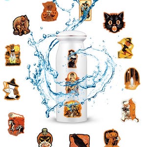 May include: A white cylindrical water bottle surrounded by a splash of blue water and various Halloween-themed stickers including pumpkins, a black cat, a ghost, a raven, and skeletons. The word waterproof is printed in the top left corner.