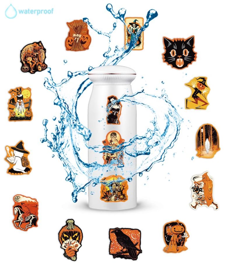 May include: A white cylindrical water bottle surrounded by a splash of blue water and various Halloween-themed stickers including pumpkins, a black cat, a ghost, a raven, and skeletons. The word waterproof is printed in the top left corner.