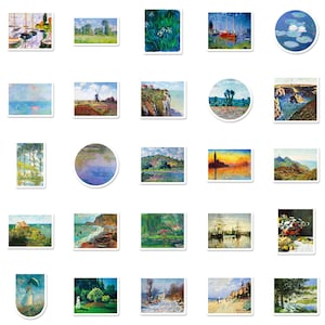 May include: A collection of stickers featuring various Impressionist landscape paintings. The stickers showcase scenes of water lilies, boats, fields, and coastal views. The color palette includes blues, greens, yellows, and oranges.