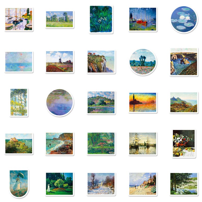 May include: A collection of stickers featuring various Impressionist landscape paintings. The stickers showcase scenes of water lilies, boats, fields, and coastal views. The color palette includes blues, greens, yellows, and oranges.