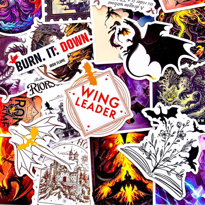 May include: A collection of fantasy-themed stickers featuring dragons, castles, and flames. Some stickers have text like "BURN IT: DOWN" and "WING LEADER". The stickers are in various colors, including purple, orange, and black, and are suitable for decorating laptops, water bottles, or notebooks.
