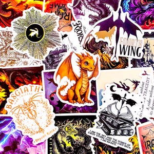 May include: A collection of fantasy-themed stickers featuring dragons, castles, and book illustrations. The stickers showcase a variety of colors, including orange, purple, and gold. Some stickers have text, including "FOURTH WING" and "BASGIATH WAR COLLEGE".